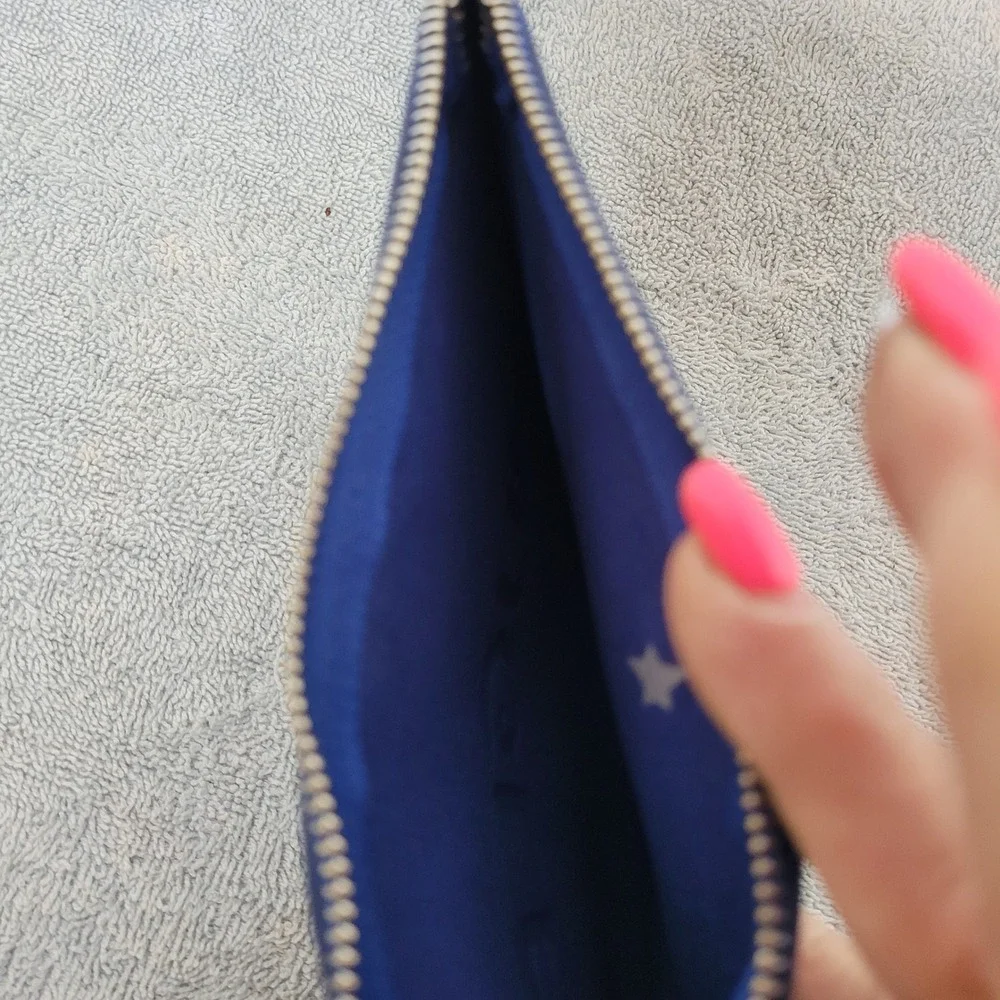 Mugler Parfums Navy Blue Patent Vinyl Cosmetic Pouch Bag Embossed Logo Star Pull